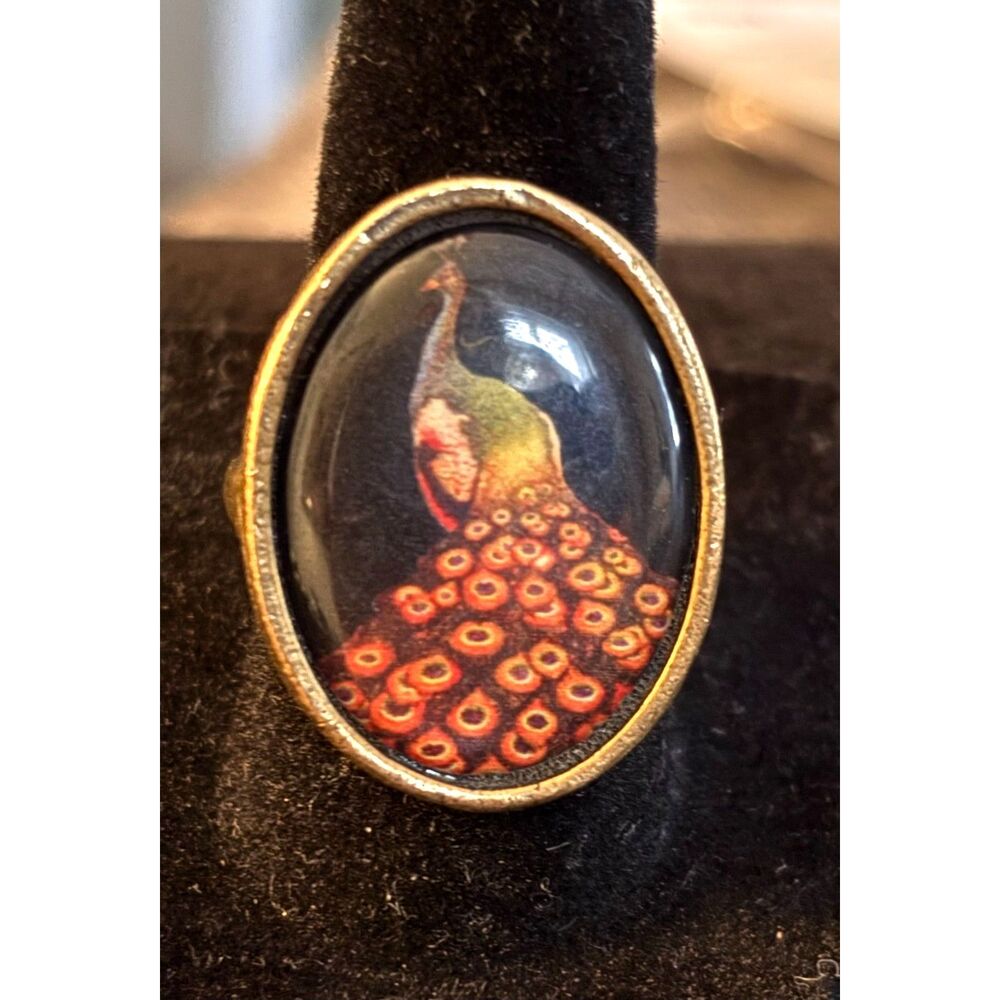 Amano Studio Vintage Glass Peacock Cabochon Bronze Gold Statement Ring Sz 6.5